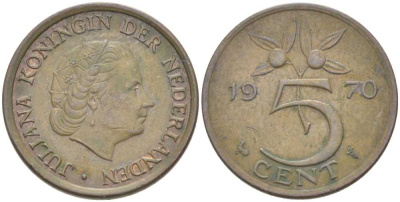 НИДЕРЛАНДЫ 5 ЦЕНТОВ 1970 ЮЛИАНА (1948-1980) KM 181 бронза 213-1055