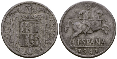 Испания 10 сентимо 1941 KM 766 алюминий 4177-912