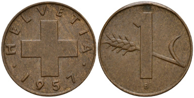 Швейцария 1 раппен 1957 KM 46 бронза 4158-715