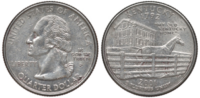 США 25 центов = квотер 2001 Р, серия штаты США, Кентукки KM 322 медь плакированная медно-никелем 4539-144