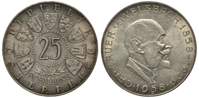 Австрия 25 шиллингов 1958 100 лет со дня рождения Карла Вельсбаха KM 2884 серебро aUNC 1520-124