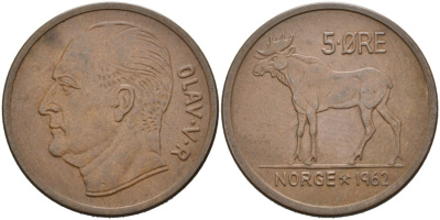 Норвегия 5 эре 1962 ЛОСЬ KM 405 бронза 4565-535