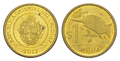Уругвай 1 песо 2011 KM 135 сталь плакированная латунью UNC 4649-629