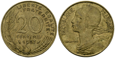 Франция 20 сантимов 1987 тип Marianne KM 930 медь алюминий никель 4135-625