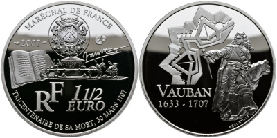 Франция 1 1/2 евро 2007 300 лет со дня смерти военного инженера Себастьена де Вобана KM 1462 серебро PROOF 1095-3-41