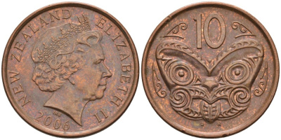 Новая Зеландия 10 центов 2006 маска Маори, Елизавета II (1952-) KM 117а сталь плакированная медью 175-322