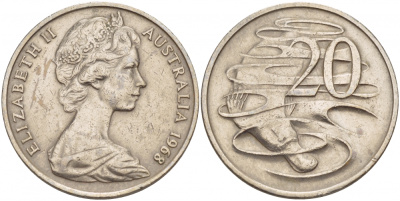 Австралия 20 центов 1968 Елизавета II (1952-2022), утконос KM 66 медно-никель 4545-244