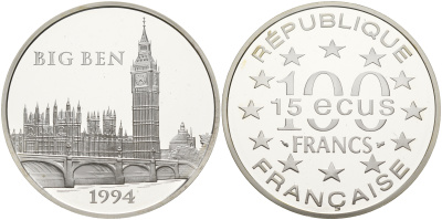 Франция 100 франков - 15 экю 1994 серия архитектурные монументы Европы (Биг Бэн в Лондоне), в коробке с сертификатом KM 1070 серебро  PROOF  5-6-1-38
