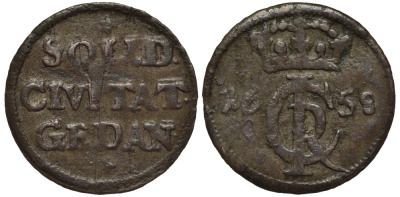 Польша, Данциг 1 шиллинг (шеляг) 1658 Ян Казимир Ваза (1648-1669), вес 0,62 гр. KM 58 серебро 1516-1212