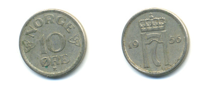НОРВЕГИЯ 10 ЭРЕ 1956 ХОКОН VII KM 396 медно-никель 89-324