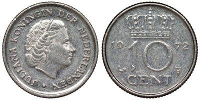 Нидерланды 10 центов 1972 Юлиана (1948-1980) KM 182 никель 71-243