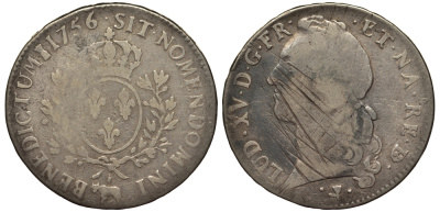 Франция 1 экю 1756 COW, Людовик XV KM 518, Dav. A 1331 серебро 413-3225