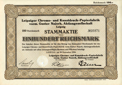 Германия 100 рейхсмарок 1934 АО Лейпцигская фабрика по производству бумаги для хромо- и художественной печати, акция   бумага 8801-59-1
