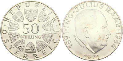 Австрия 50 шиллингов 1971 80 лет со дня рождения Юлиуса Рааба KM 2911 серебро UNC 04-323-31