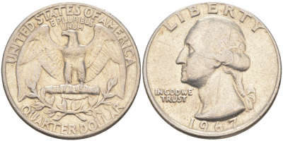 США 25 центов (квотер) 1967 Вашингтон KM 164a медь плакированная медно-никелем 4525-437