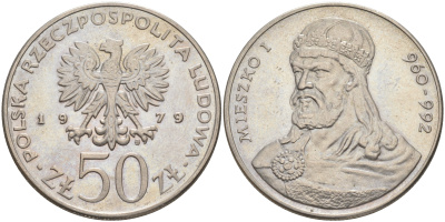 ПОЛЬША 50 ЗЛОТЫХ 1979 MW, СЕРИЯ ПОЛЬСКИЕ КОРОЛИ, МЕШКО I (960-992) KM 100 медно-никель UNC 4536-432