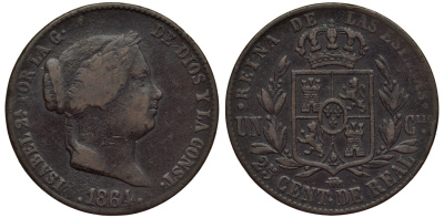 Испания 25 сетимо 1964 Изабелла II (1833-1868) KM 615.2 медь 1521-1633