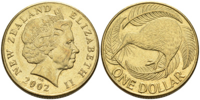 Новая Зеландия 1 доллар 2002 Елизавета II (1952-2022), птица киви  KM 120 алюминиевая бронза 34-656