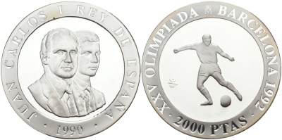 Испания 2000 песет 1990 XXV летние Олимпийские игры 1992 года в Барселоне, футбол KM 862 серебро PROOF 02-115-11