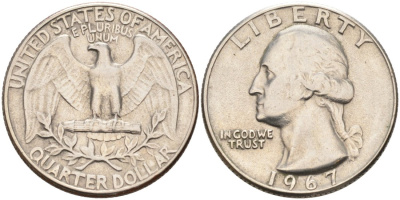 США 25 центов (квотер) 1967 Вашингтон KM 164a медь плакированная медно-никелем 92-1217