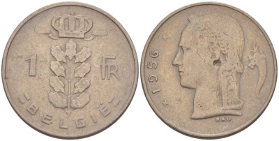 БЕЛЬГИЯ 1 ФРАНК 1956 BELGIE, БОДУЭН I (1951-1993) KM 143.1 медно-никель 213-324