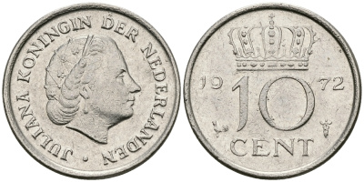 Нидерланды 10 центов 1972 Юлиана (1948-1980) KM 182 никель 96-365