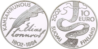 Финляндия 10 евро 2002 Элиас Леннрот, лингвист KM 108 серебро PROOF 1084-9-64