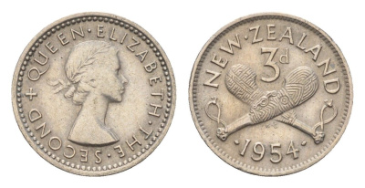 Новая Зеландия 3 пенса 1954 Елизавета II (1952-2022) KM 25.1 медно-никель 4669-611
