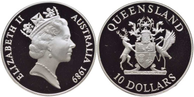 Австралия 10 долларов 1989 Квинсленд, в оригинальной коробке, с сертификатом KM 114 серебро PROOF 7-5-1-21