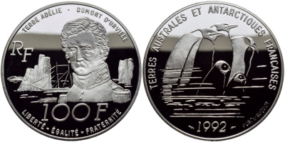 Франция 100 франков 1992 ИМПЕРАТОРСКИЕ ПИНГВИНЫ, ФРАНЦУЗСКИПЕ АНТАРКТИЧЕСКИЕ ТЕРРИТОРИИ KM 1011 серебро PROOF 01-161-34