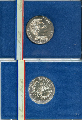 Франция 100 франков 1984 50 лет со дня смерти Марии Кюри, в оригинальной упаковке KM 955 серебро  UNC  1-6-4-21