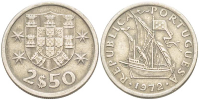 ПОРТУГАЛИЯ 2,5 ЭСКУДО 1972 ПАРУСНИК KM 590 медно-никель 4513-1142