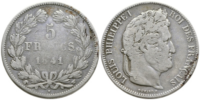 Франция 5 франков 1841 W, Луи Филипп I (1830-1848) KM 749.13 серебро 1066-6-54