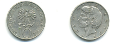 Польша 10 злотых 1975 MW, Адам Мицкевич (1798-1855) KM 74, Parchimowicz 242a медно-никель 83-312