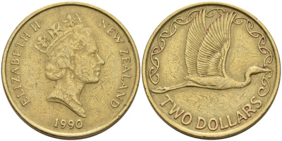Новая Зеландия 2 доллара 1990 Елизавета II (1952-2022), большая белая цапля KM 79 алюминиевая бронза 59-215