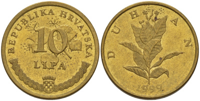 Хорватия 10 лип 1999 табак обыкновенный, легенда на хорватском KM 6 сталь плакированная латунью 66-527