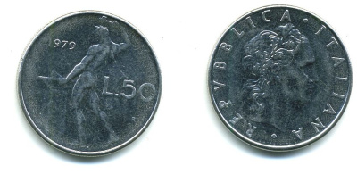 ИТАЛИЯ 50 ЛИР 1979 R, КУЗНЕЦ KM 95.1 нержавеющая сталь 72-614