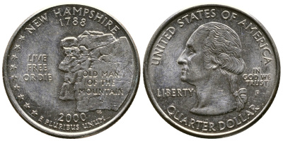 США 25 центов = квотер 2000 Р, серия штаты США, Нью-Гэмпшир KM 308 медь плакированная медно-никелем 56-654