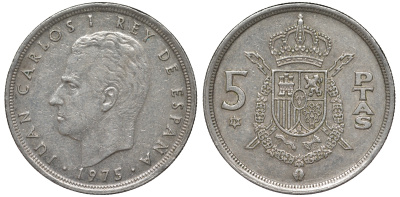 Испания 5 песет 1975 (79) Хуан Карлос I (1975-2014) KM 807 медно-никель 4543-223