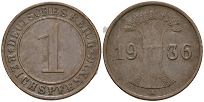 Германия 1 рейхспфенниг 1936 A KM 37, J. 313 бронза 4549-323