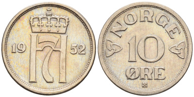 Норвегия 10 эре 1952 Хокон VII (1905-1957) КМ 396 медно-никель    4169-321