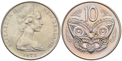 Новая Зеландия 10 центов 1970 Елизавета II (1952-2022), маска маори KM 41.1 медно-никель  UNC  4177-1154