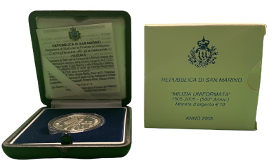 Сан-Марино 10 евро 2005 милиция, карабинеры, в оригинальной коробке, с сертификатом KM 344 серебро PROOF 6-5-1-15