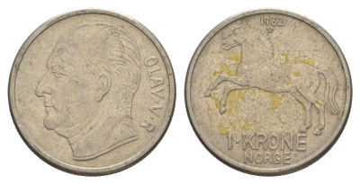 Норвегия 1 крона 1962 Улаф V (1957-1991) KM 409 медно-никель UNC 4635-642