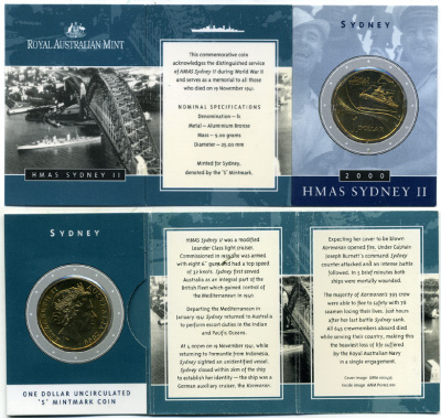 АВСТРАЛИЯ 1 ДОЛЛАР 2000 АВСТРАЛИЙСКИЙ ВОЕННЫЙ КОРАБЛЬ HMAS СИДНЕЙ, ПОТОПЛЕН В 1941 ГОДУ, В ОРИГИНАЛЬНОМ БУКЛЕТЕ, MINT S KM 422 никель алюминий медь UNC 06-081-79