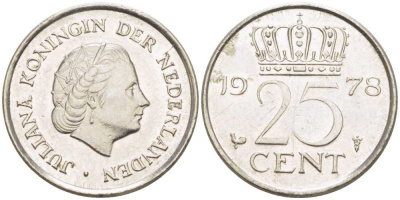 НИДЕРЛАНДЫ 25 ЦЕНТОВ 1978 ЮЛИАНА (1948-1980) KM 183 никель 214-1118