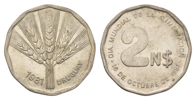 Уругвай 2 новых пенса 1981 Международный день еды KM 77 медь цинк никель 210-1012