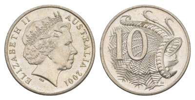 Австралия 10 центов 2001 Елизавета II (1952-2022), птица лирахвост KM 402 медно-никель 4384-423