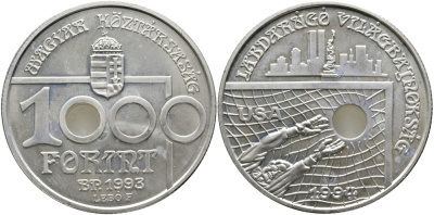 Венгрия 1000 форинтов 1993 ВР, чемпионат мира по футболу В США KM 706 серебро UNC 04-101-24