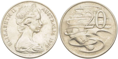 Австралия 20 центов 1970 Елизавета II (1952-2022), утконос KM 66 медно-никель 4521-122